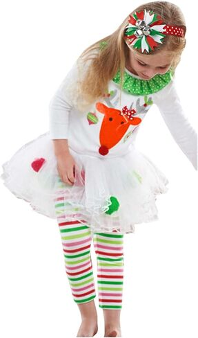 Toddler Baby Girls Christmas Outfit Kids Clothes Reindeer T-Shirts +Pom Poms Tulle Tutu +Striped Leggings Pants Set in Saudi Arabia