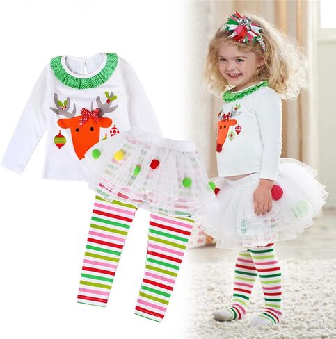 Toddler Baby Girls Christmas Outfit Kids Clothes Reindeer T-Shirts +Pom Poms Tulle Tutu +Striped Leggings Pants Set in Saudi Arabia