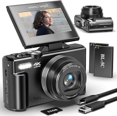 Digital Camera for Photography and Vlogging, 4K Autofocus YouTube Camera with 3" 180° Flip Screen, WiFi, 18X Zoom, Flash, 2 Batteries & 32GB SD Card in Saudi Arabia