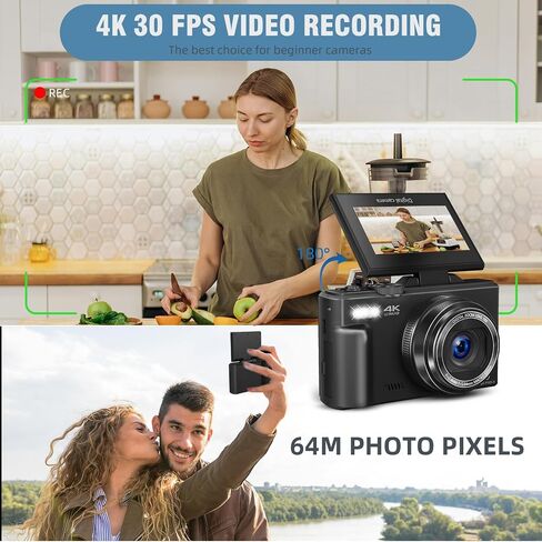 Digital Camera for Photography and Vlogging, 4K Autofocus YouTube Camera with 3" 180° Flip Screen, WiFi, 18X Zoom, Flash, 2 Batteries & 32GB SD Card in Saudi Arabia