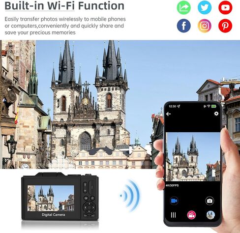 Digital Camera for Photography and Vlogging, 4K Autofocus YouTube Camera with 3" 180° Flip Screen, WiFi, 18X Zoom, Flash, 2 Batteries & 32GB SD Card in Saudi Arabia
