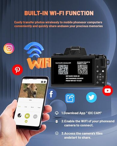Digital Camera for Photography and Vlogging, 4K Autofocus YouTube Camera with 3" 180° Flip Screen, WiFi, 18X Zoom, Flash, 2 Batteries & 32GB SD Card in Saudi Arabia