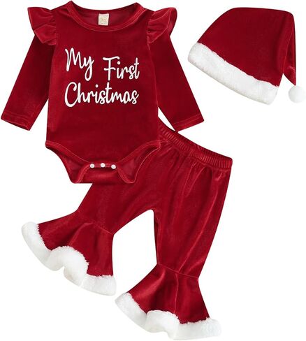 Baby Girl Christmas Outfit Santa First Fly Sleeve Romper Red Velvet Bell Bottoms Newborn Christmas Clothes in Saudi Arabia