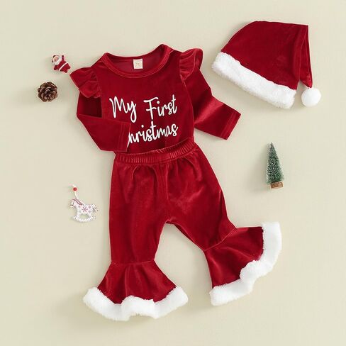 Baby Girl Christmas Outfit Santa First Fly Sleeve Romper Red Velvet Bell Bottoms Newborn Christmas Clothes in Saudi Arabia