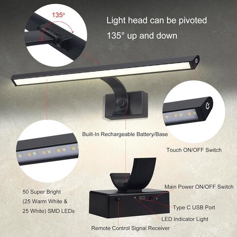BIGMONAT USB Rechargeable Picture Light Wireless Led Art Light with Remote Control,Rotatable Painting Light Head of 3 Lighting Modes Dimmable Display Lamp for Frame Portrait Artwork Trophy in Kuwait