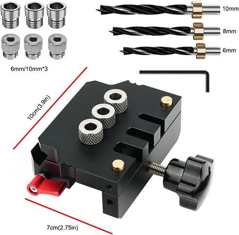 Adjustable Self Centering Doweling Jig,3-in-1 Woodworking Dowel Jig,L/T Shaped Woodworking Creates Edge,6/10mm x 3 Drill Guide Bushings,6/8/10mm Drill Bits and Stop Collars in Kuwait