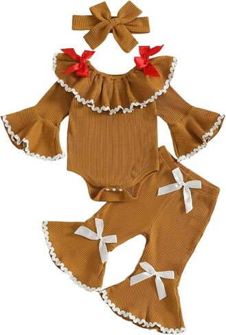 Baby Girl Christmas Outfit Gingerbread Man Doll Collar Long Sleeve Romper Bow Flare Pants Set Headband 3Pcs Xmas Clothes in Saudi Arabia