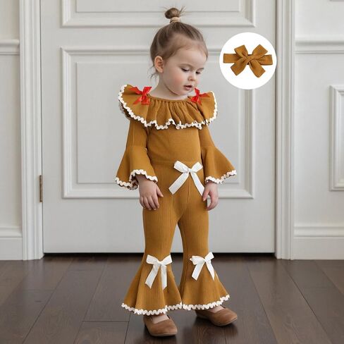 Baby Girl Christmas Outfit Gingerbread Man Doll Collar Long Sleeve Romper Bow Flare Pants Set Headband 3Pcs Xmas Clothes in Saudi Arabia