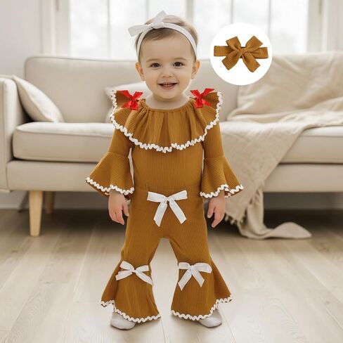Baby Girl Christmas Outfit Gingerbread Man Doll Collar Long Sleeve Romper Bow Flare Pants Set Headband 3Pcs Xmas Clothes in Saudi Arabia