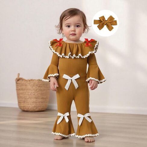 Baby Girl Christmas Outfit Gingerbread Man Doll Collar Long Sleeve Romper Bow Flare Pants Set Headband 3Pcs Xmas Clothes in Saudi Arabia
