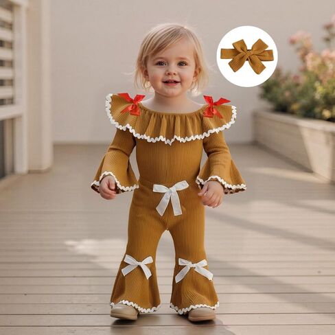 Baby Girl Christmas Outfit Gingerbread Man Doll Collar Long Sleeve Romper Bow Flare Pants Set Headband 3Pcs Xmas Clothes in Saudi Arabia