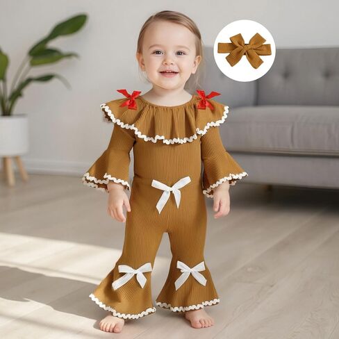 Baby Girl Christmas Outfit Gingerbread Man Doll Collar Long Sleeve Romper Bow Flare Pants Set Headband 3Pcs Xmas Clothes in Saudi Arabia