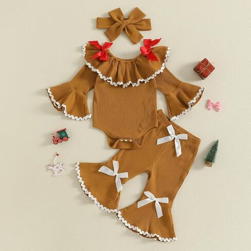 Baby Girl Christmas Outfit Gingerbread Man Doll Collar Long Sleeve Romper Bow Flare Pants Set Headband 3Pcs Xmas Clothes in Saudi Arabia