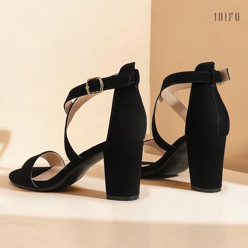 IDIFU Women's IN3 Grace Strappy Block Heels Sandals Comfy Open Toe Chunky Dress Wedding Shoes with Adjustable Cross Strap in Kuwait