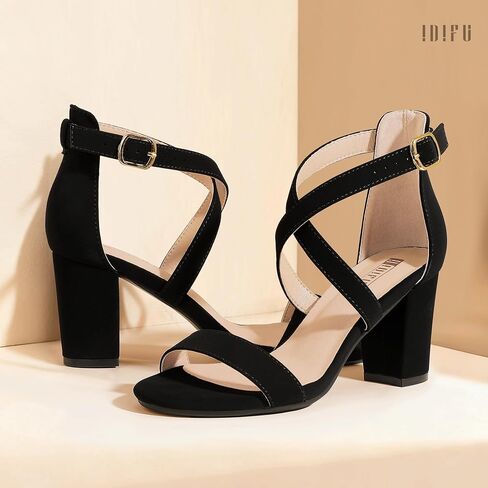 IDIFU Women's IN3 Grace Strappy Block Heels Sandals Comfy Open Toe Chunky Dress Wedding Shoes with Adjustable Cross Strap in Kuwait