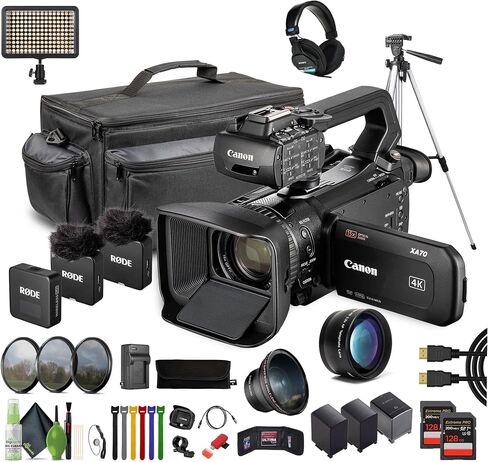مجموعة كاميرا الفيديو Canon XA70 PAL بدقة 4K UHD / 25p مع بطاقتي ذاكرة سعة 128 جيجابايت + سماعات رأس استريو احترافية + حامل ثلاثي القوائم + حقيبة حمل + ضوء LED + مسجل ميكروفون لاسلكي رقمي صغير الحجم لشخصين in Kuwait