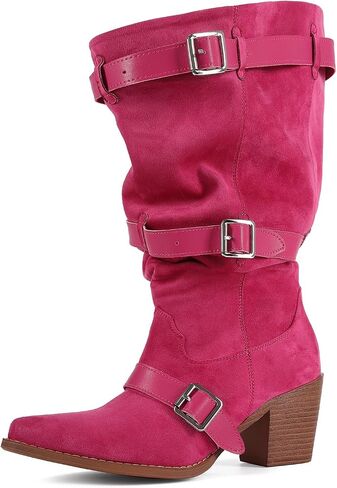 Women’s Cowboy Boots Knee High Western Cowgirl Boots Wide Calf Buckle Strap Chunky Heel Fashion Riding Boots in Saudi Arabia