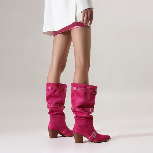 Women’s Cowboy Boots Knee High Western Cowgirl Boots Wide Calf Buckle Strap Chunky Heel Fashion Riding Boots in Saudi Arabia