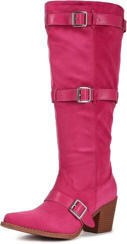 Women’s Cowboy Boots Knee High Western Cowgirl Boots Wide Calf Buckle Strap Chunky Heel Fashion Riding Boots in Saudi Arabia