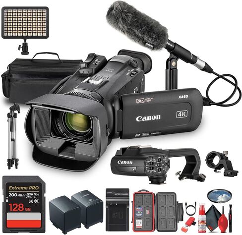 كاميرا Canon XA60 PAL الاحترافية بدقة UHD 4K + بطاقة ذاكرة سعة 128 جيجابايت + فلاش LED + ميكروفون + حامل ثلاثي القوائم مقاس 72 بوصة + بطارية بديلة + شاحن + حقيبة كاميرا + فلتر UV مقاس 58 مم + المزيد (متجدد) in Kuwait