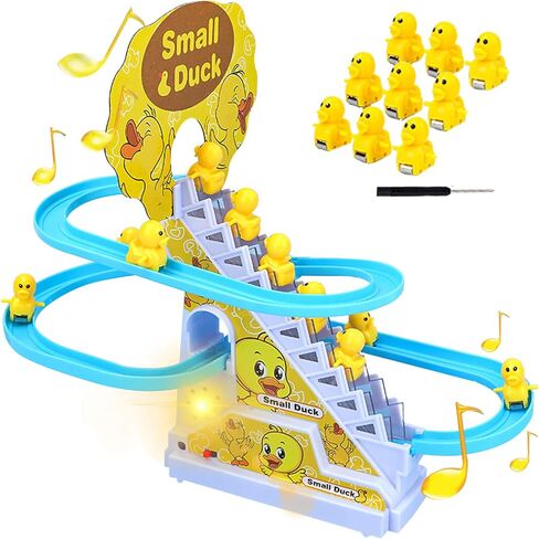 Small Duck Climbing Stairs Toy,Electric Duck Roller Coaster Toy Set with LED Flashing Lights & Music Track Slide Birthday Gift for Kids,Age 3（9Pcs Ducks） in Kuwait