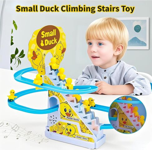Small Duck Climbing Stairs Toy,Electric Duck Roller Coaster Toy Set with LED Flashing Lights & Music Track Slide Birthday Gift for Kids,Age 3（9Pcs Ducks） in Kuwait