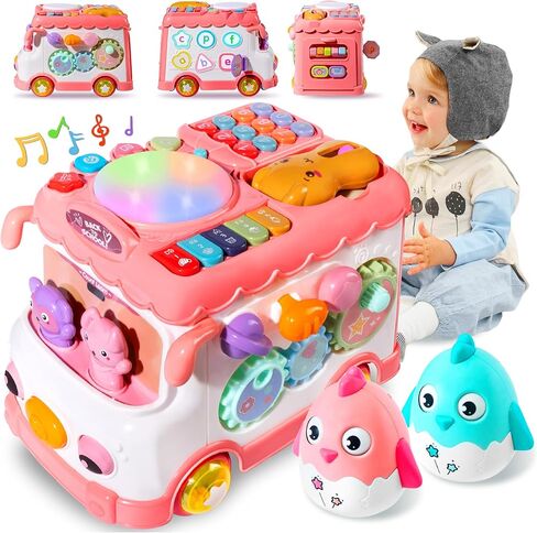 Toys for 1 Year Old Girl Gifts, 10-in-1 Montessori Toys Bus for Baby 6-12 12-18 Months, Educational Musical Learning Toddler Toy Age 1-2, 1st First Birthday Gifts for Girls and Boys, Pink in Saudi Arabia