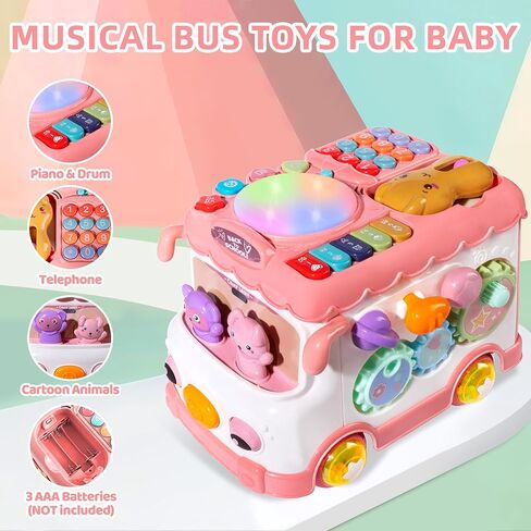 Toys for 1 Year Old Girl Gifts, 10-in-1 Montessori Toys Bus for Baby 6-12 12-18 Months, Educational Musical Learning Toddler Toy Age 1-2, 1st First Birthday Gifts for Girls and Boys, Pink in Saudi Arabia