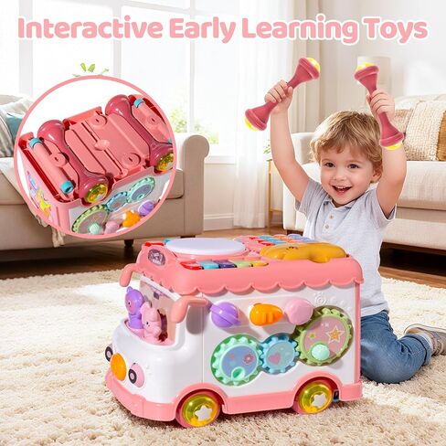 Toys for 1 Year Old Girl Gifts, 10-in-1 Montessori Toys Bus for Baby 6-12 12-18 Months, Educational Musical Learning Toddler Toy Age 1-2, 1st First Birthday Gifts for Girls and Boys, Pink in Saudi Arabia