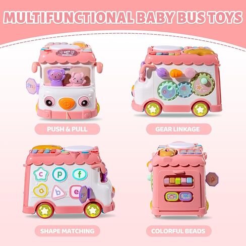Toys for 1 Year Old Girl Gifts, 10-in-1 Montessori Toys Bus for Baby 6-12 12-18 Months, Educational Musical Learning Toddler Toy Age 1-2, 1st First Birthday Gifts for Girls and Boys, Pink in Saudi Arabia