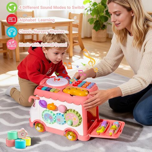 Toys for 1 Year Old Girl Gifts, 10-in-1 Montessori Toys Bus for Baby 6-12 12-18 Months, Educational Musical Learning Toddler Toy Age 1-2, 1st First Birthday Gifts for Girls and Boys, Pink in Saudi Arabia