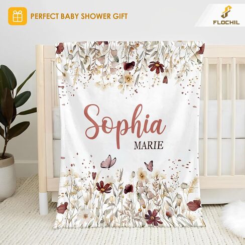 FLOCHIL Personalized Baby Blanket for Girls, Custom Baby Blanket with Name, Customized Baby Products, Gift for Baby, Newborn, Baby Shower (Floral 2) in Saudi Arabia