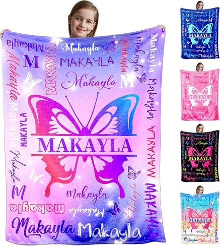 Ships Next Day, Personalized Blankets and Throws Letter Butterfly Rainbow Pattern Custom Blanket with Name Customized Flannel Blanket for Kids Christmas Blanket Gifts for Teen Girls Boys in Saudi Arabia