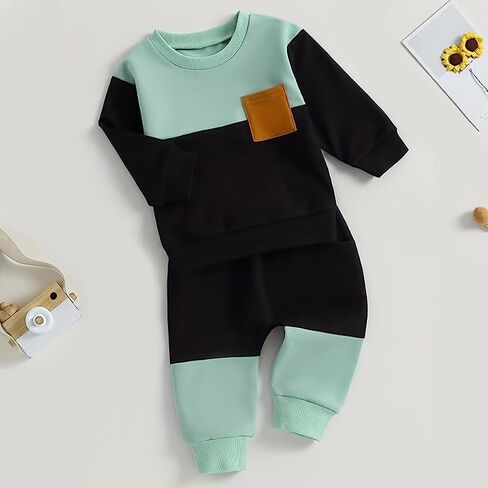 Kids' Long Sleeve Top & Pants Set - Two-Tone Colorblock for Spring & Autumn in Saudi Arabia