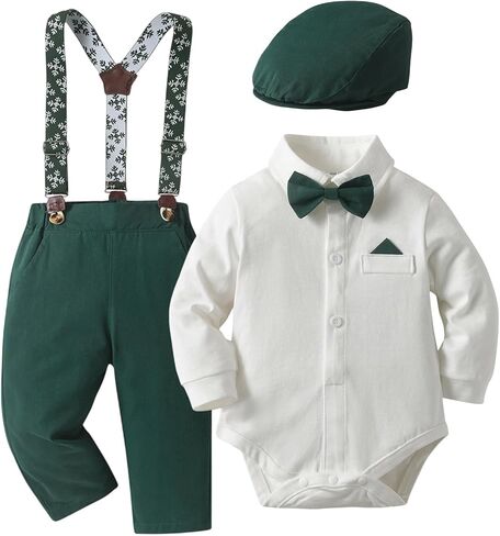 Baby Boys Suits Infant Gentleman Outfit 4-Piece Boy Suit Set White Bodysuit+Suspender Pant+Bow Tie+Cap in Saudi Arabia