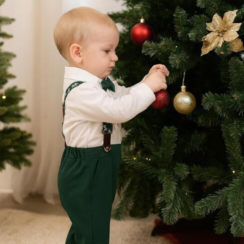 Baby Boys Suits Infant Gentleman Outfit 4-Piece Boy Suit Set White Bodysuit+Suspender Pant+Bow Tie+Cap in Saudi Arabia