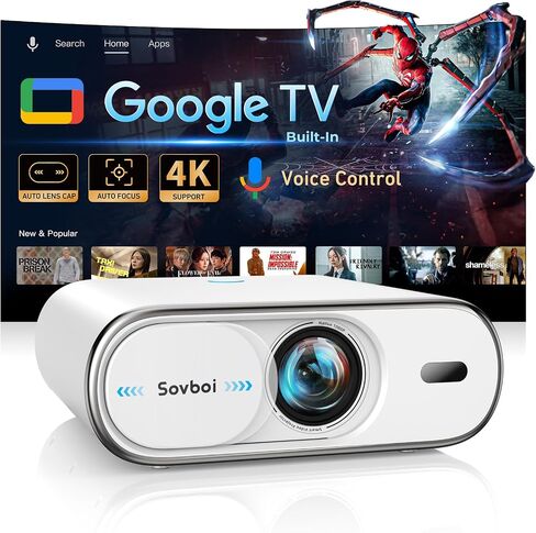 جهاز عرض متوافق مع Google TV|1800 ANSI|غطاء عدسة تلقائي و4D Keystone|تركيز تلقائي|جهاز عرض خارجي محمول للتحكم الصوتي 4K مع WiFi وBluetooth، جهاز Sovboi Smart Proyector للمسرح المنزلي Netflix in Kuwait