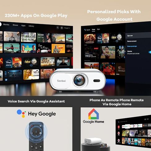 جهاز عرض متوافق مع Google TV|1800 ANSI|غطاء عدسة تلقائي و4D Keystone|تركيز تلقائي|جهاز عرض خارجي محمول للتحكم الصوتي 4K مع WiFi وBluetooth، جهاز Sovboi Smart Proyector للمسرح المنزلي Netflix in Kuwait