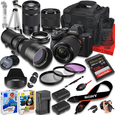 Sony a7 IV Mirrorless Camera with FE 28-70mm f/3.5-5.6 & Sony E 55-210mm f/4.5-6.3 & 420-800mm f/8 Lens + 128 GB Memory + Extra Battery + Camera Case + More (27pc Bundle) (Renewed) in Saudi Arabia
