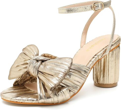 Women's Bow knot Heeled Sandals Pleated Bow Heels Ankle Strap Chunky Heels Wedding Bridal Party Dress Shoes in Kuwait