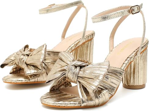 Women's Bow knot Heeled Sandals Pleated Bow Heels Ankle Strap Chunky Heels Wedding Bridal Party Dress Shoes in Kuwait