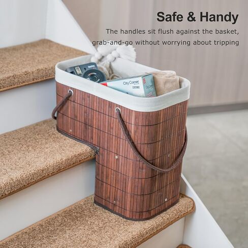 Stair Basket with Lid & Handle – Staircase Storage Basket for Wooden & Carpeted Stairs, Foldable Step Baskets for Stairs, Bamboo Storage Bin Organizer for Toys, shoes & Books (Natural Bamboo) in Saudi Arabia