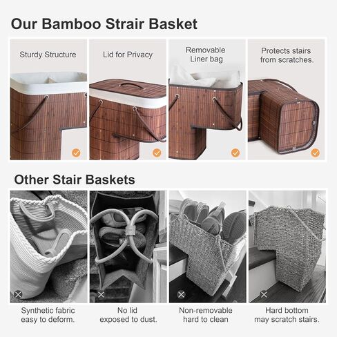 Stair Basket with Lid & Handle – Staircase Storage Basket for Wooden & Carpeted Stairs, Foldable Step Baskets for Stairs, Bamboo Storage Bin Organizer for Toys, shoes & Books (Natural Bamboo) in Saudi Arabia