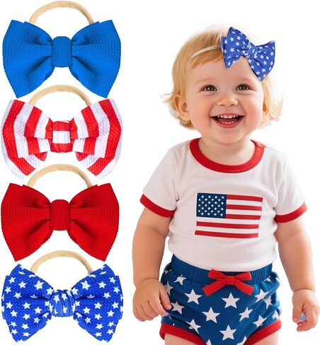 baotongle 4pcs 4th of July Baby Headband Set Patriotic Hair Bows and Nylon Headband for Newborns and Toddler Girls in Saudi Arabia