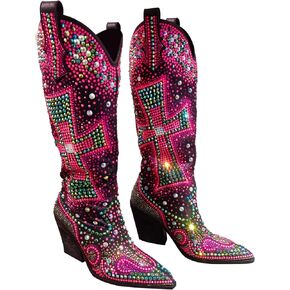 Women's Rhinestone Cowboy Boots Knee High Western Cowgirl | Crystal Cross Embellished, Pointed Toe, Chunky Heel, Sparkly, For Concert Party Festival in Saudi Arabia