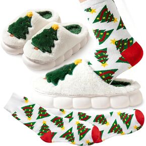 Christmas Fluffy Slippers for Women Men Embroidered Christmas Tree House Slippers with Socks,Thick Cushioned Rubber Slip on Anti-Skid Sole in Kuwait
