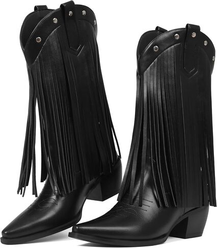 Women's Fringe Cowboy Boots Mid-Calf Ridding Cowgirl Boots Pull On Western Boots Fashion Style in Kuwait