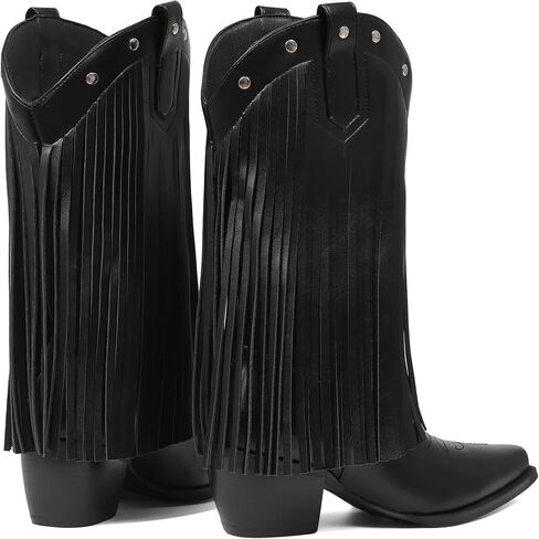 Women's Fringe Cowboy Boots Mid-Calf Ridding Cowgirl Boots Pull On Western Boots Fashion Style in Kuwait