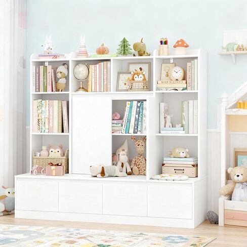 HIFIT 4-In-1 Kids Bookshelf and Toy Storage Organizer with Bench, 10-Cubes Kids Bookcase w/Reading Nook & 4 Sliding-Drawers & 2 Doors, Toy Chest Storage Cabinet for Playroom, Nursery,Classroom,Natural in Saudi Arabia