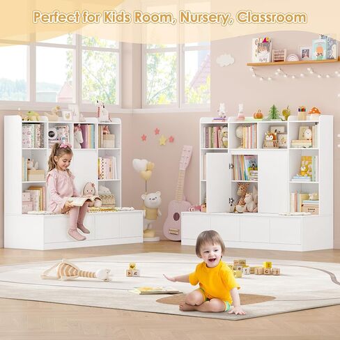 HIFIT 4-In-1 Kids Bookshelf and Toy Storage Organizer with Bench, 10-Cubes Kids Bookcase w/Reading Nook & 4 Sliding-Drawers & 2 Doors, Toy Chest Storage Cabinet for Playroom, Nursery,Classroom,Natural in Saudi Arabia